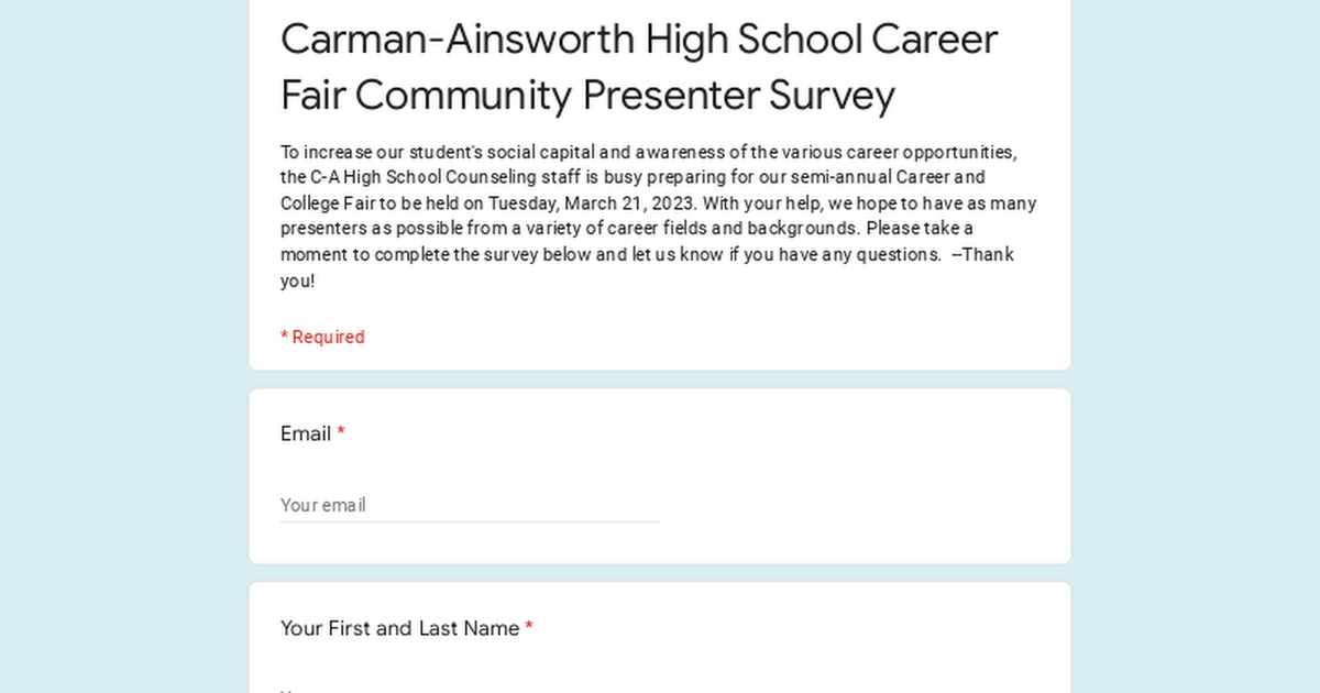 Carman-Ainsworth High School Career Fair Community Presenter Survey