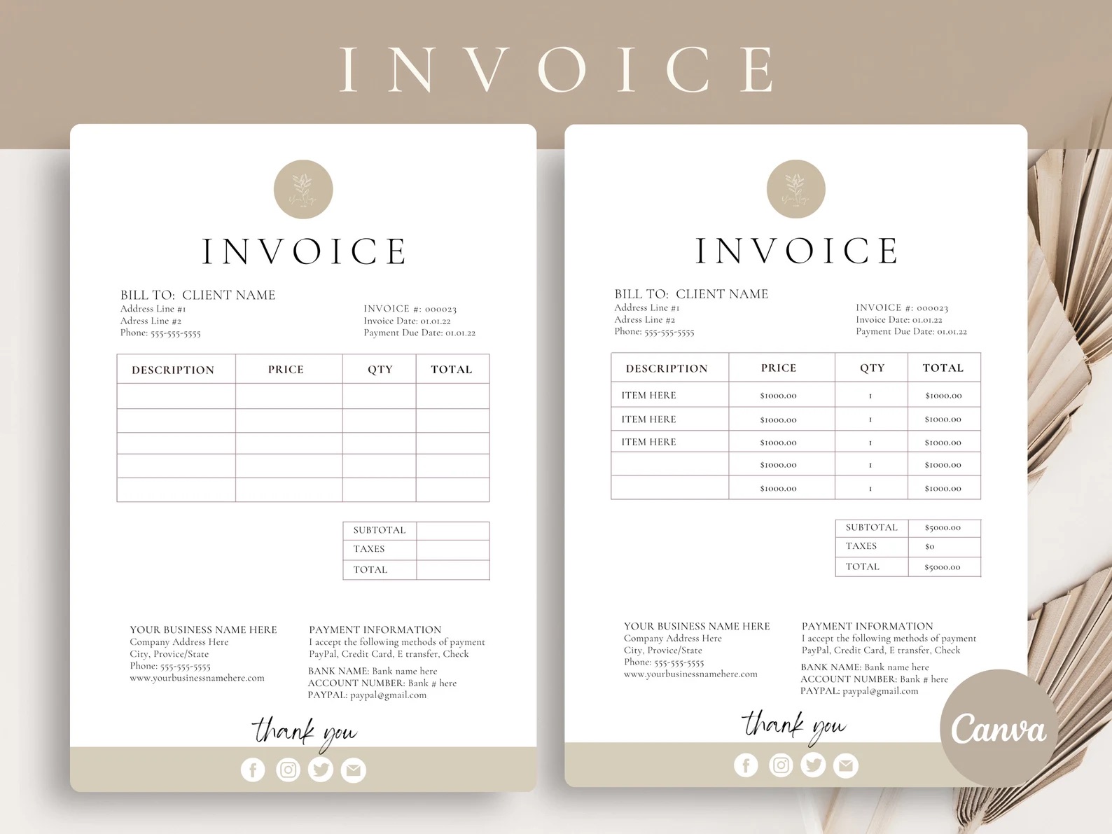 Simple Beige Canva Invoice Templates for Small Business | The Comma Mama Co.