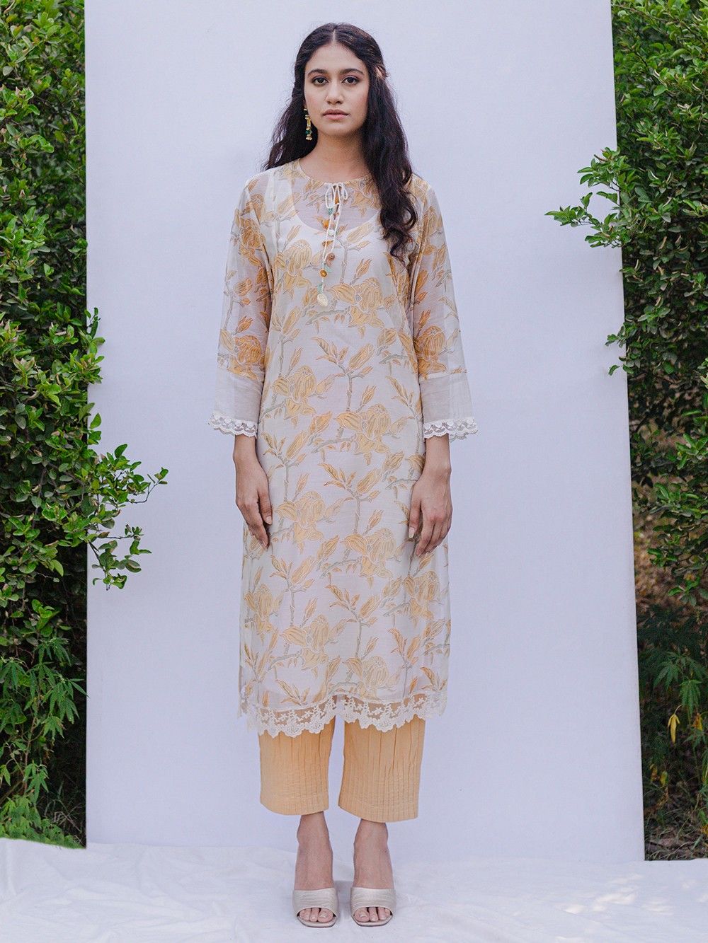 the loom-Ivory Yellow Hand Block Printed Chanderi Kurta   