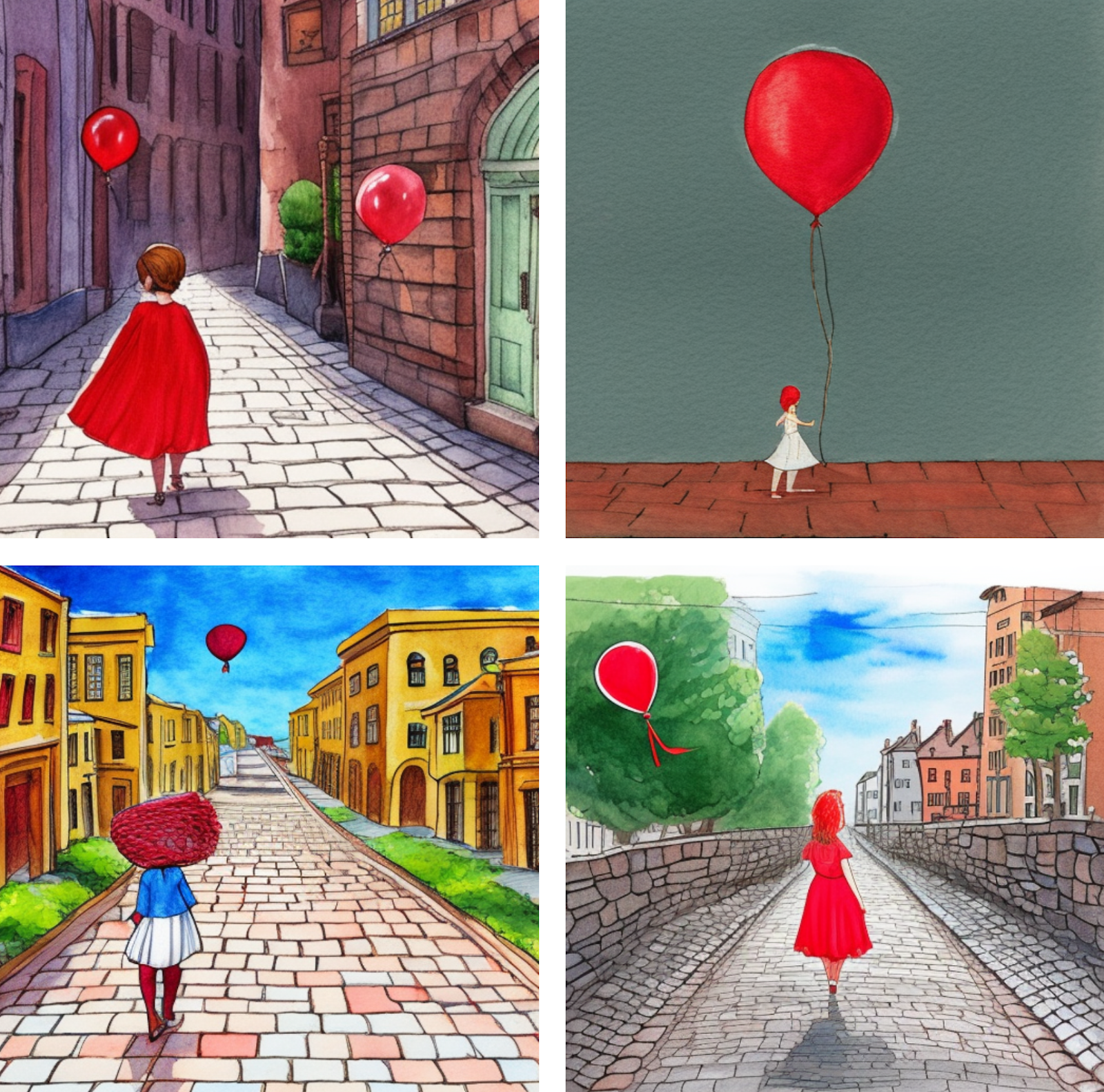 Four detailed ink illustrations of a girl holding a red balloon walking down a cobblestone road using Jasper Art.