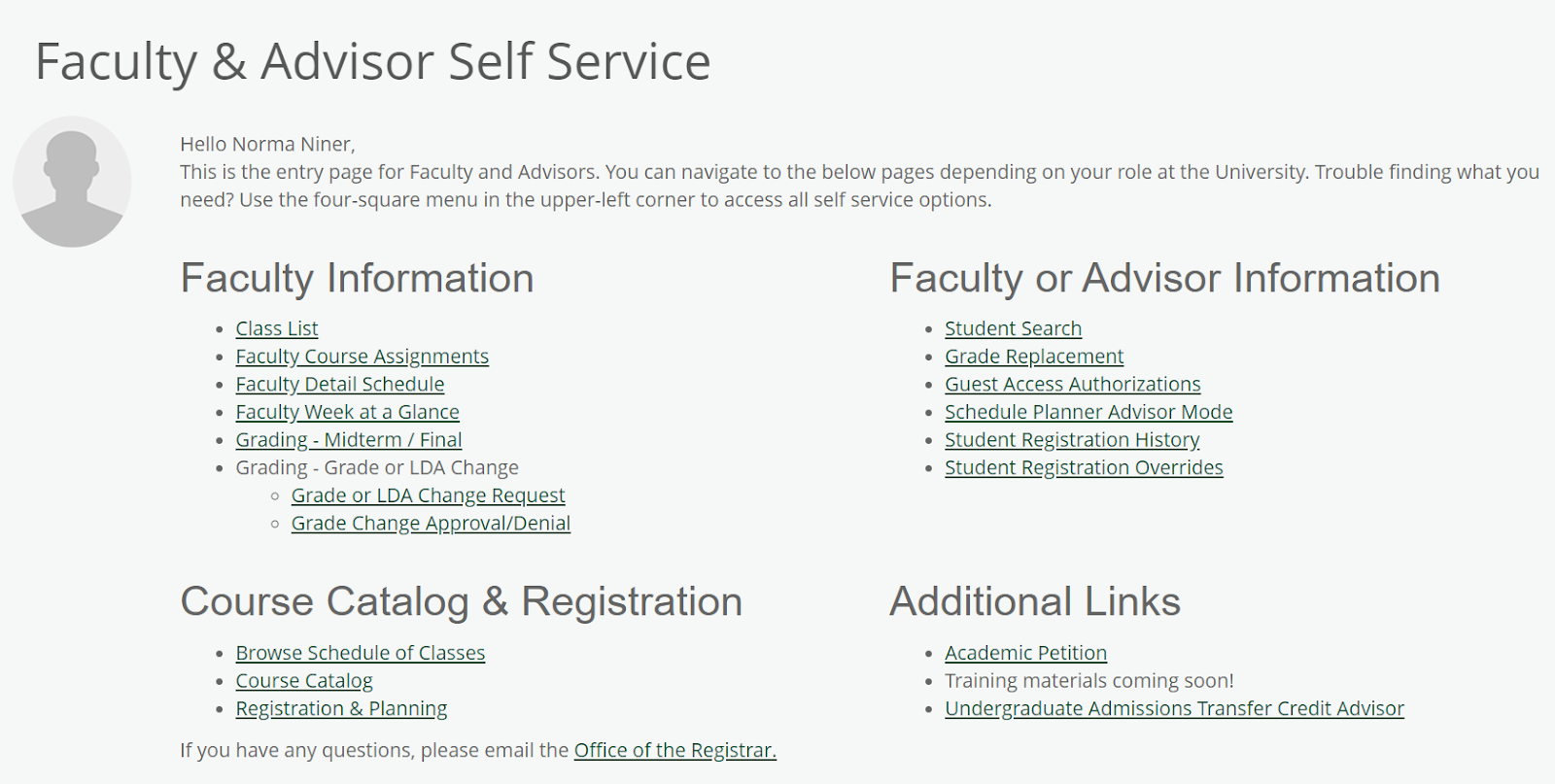 Faculty and Advisor Self Service page