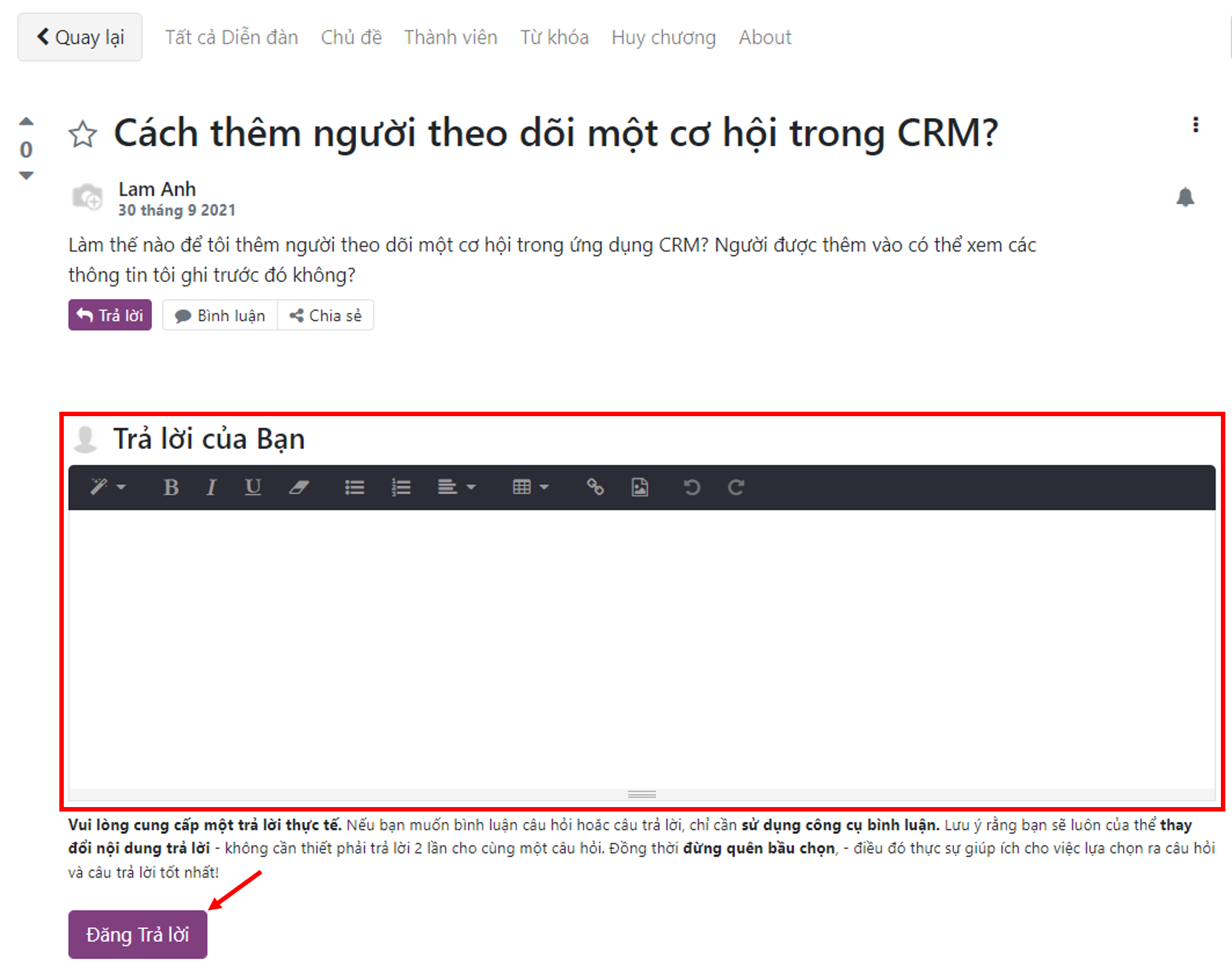 (Hình 4.2) Cách đăng câu trả lời trong Diễn đàn của Odoo/ ERPOnline