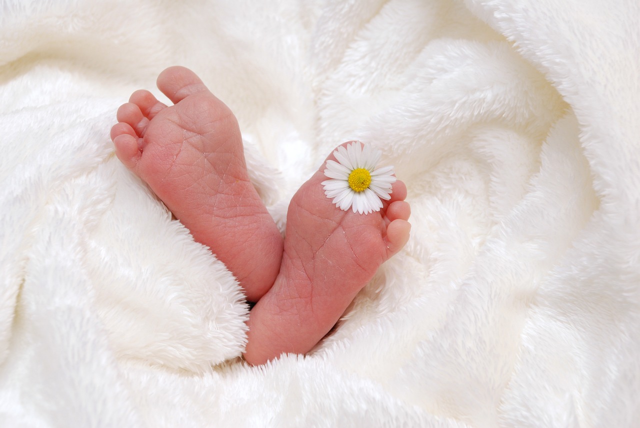 子供　小さい　足　花　白　毛布