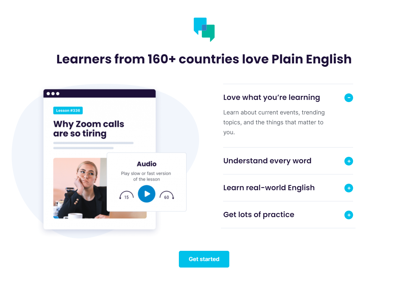 Screenshot showing how to upgrade your active English listening skills with Plain English exercises.