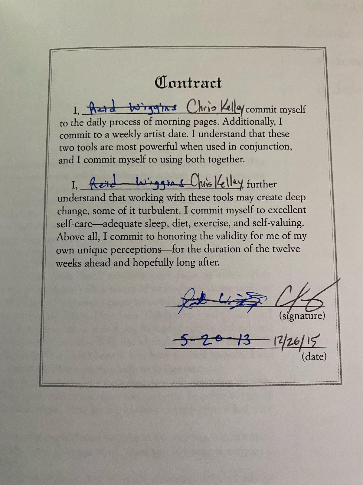 Artist's Way Contract signed by Chris Kelley