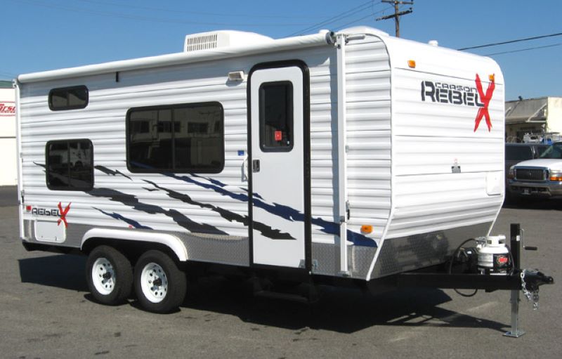 Best Small Toy Hauler Travel Trailers Carson RV Sport FA Pull Front Bath Exterior