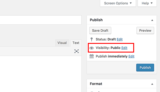 Edite as opções de visibilidade de uma postagem de blog ou página no WordPress