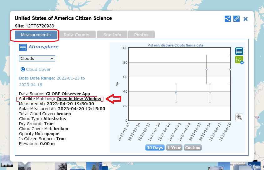 Screenshot of GLOBE Visualization system showing clouds measurements for a GLOBE site. An arrow points to the option Satellite Matching: Open In New Window. There is a plot to the right showing data points for clouds in 2023.