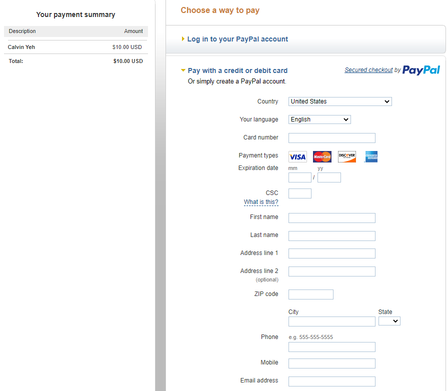 print screen of paypal checkout to complete payment