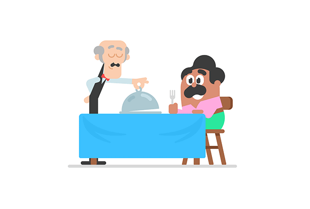 Personagem do Duolingo em uma mesa de jantar em um restaurante. Chega um garçom com uma bandeja coberta por uma tampa de prata. Sob a tampa, o gif animado revela um polvo que ataca as duas pessoas.