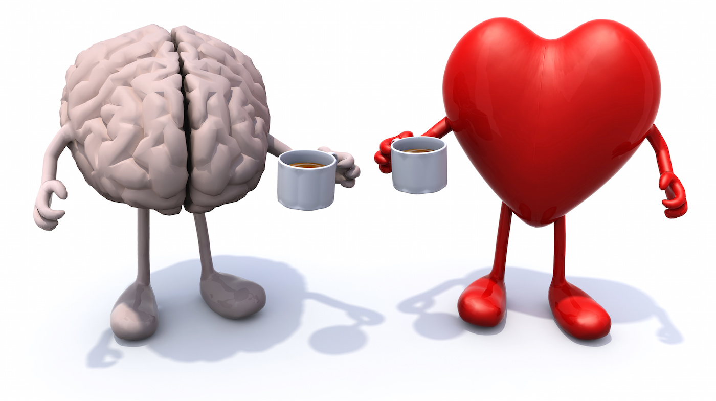 human brain and heart with arms and legs and cup of coffee, 3d illustration