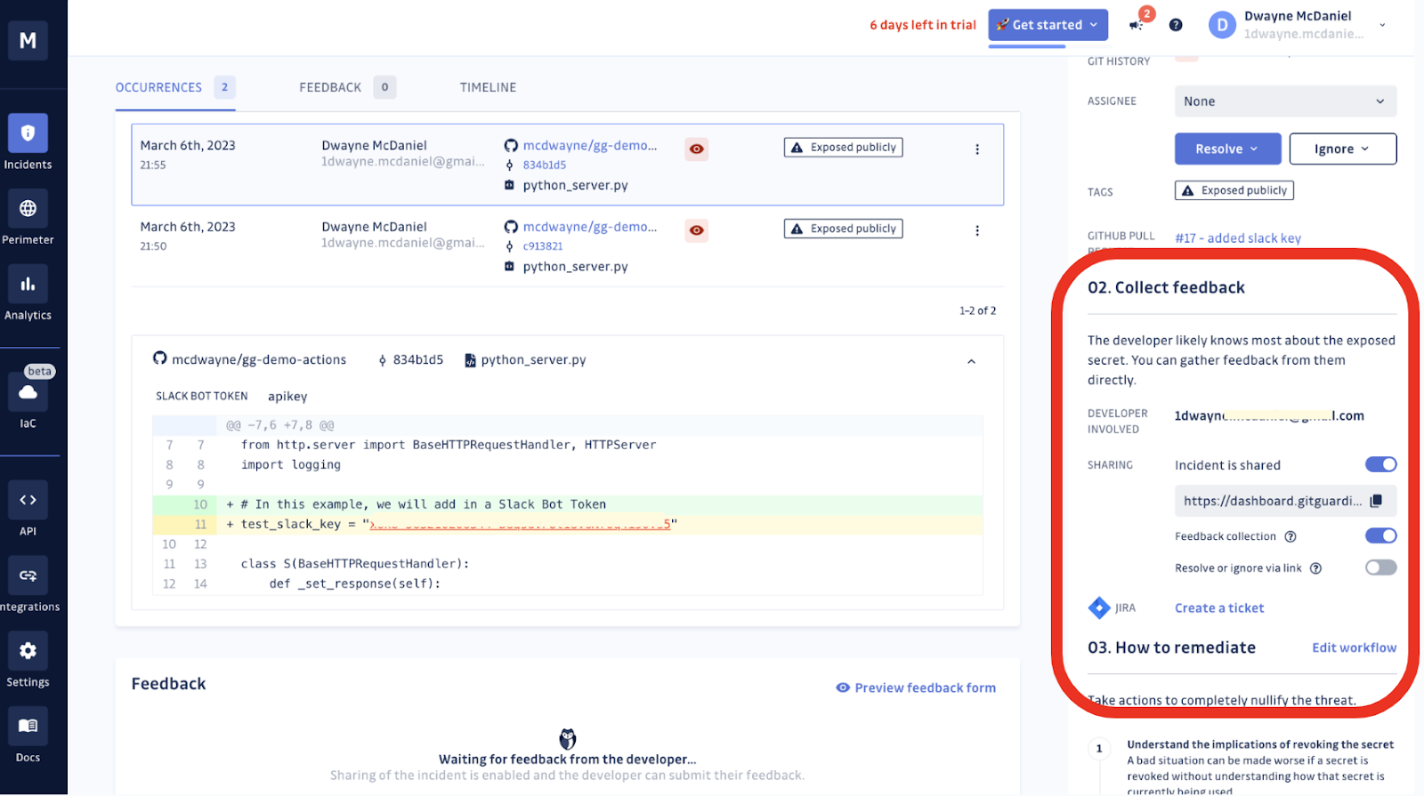 incident sharing Link shown as activated in the GitGuardian Dashboard