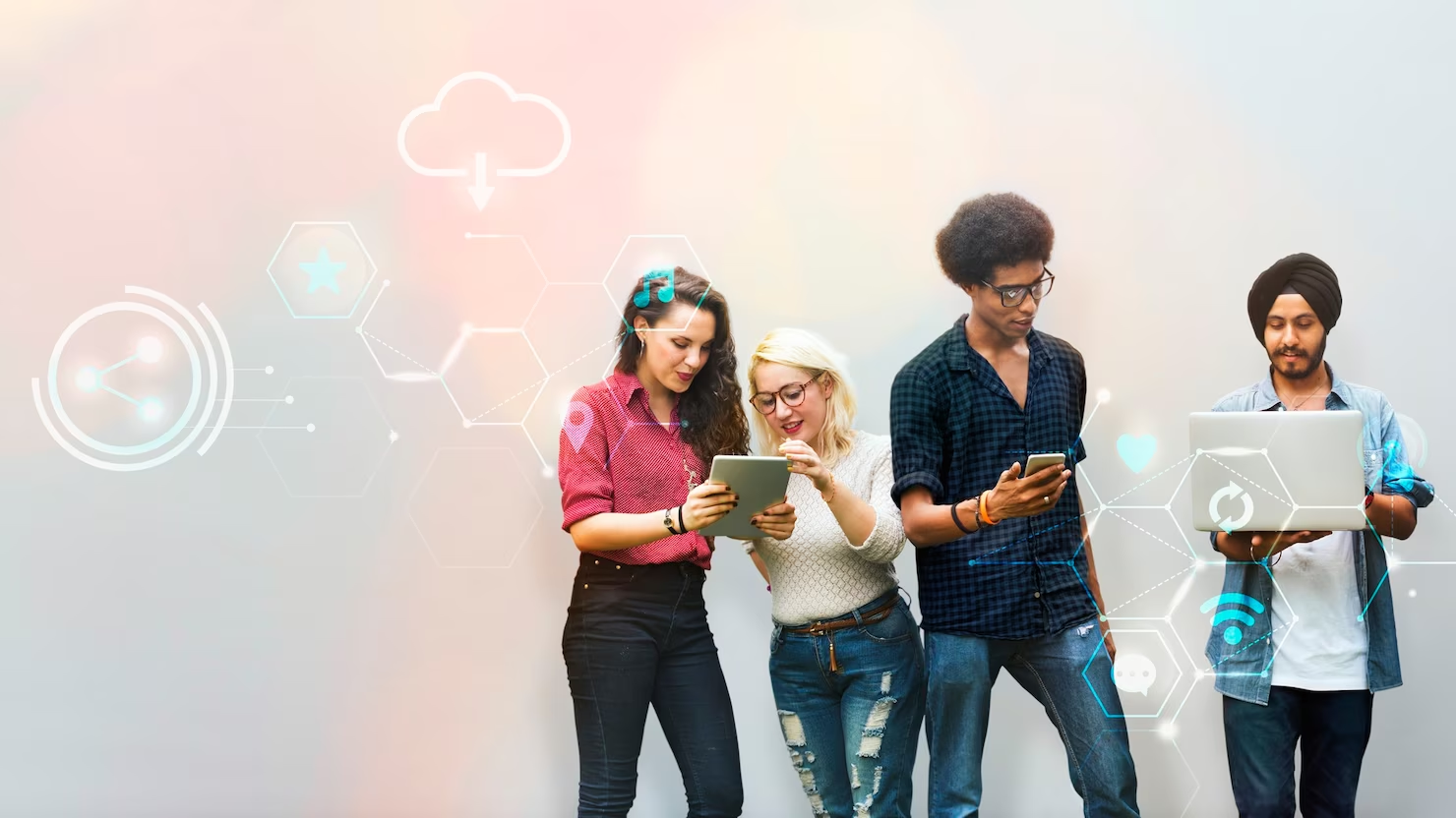 diverse friends using digital devices