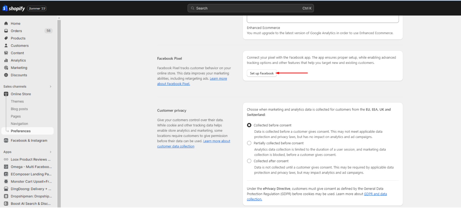 Shopify Facebook Pixel setup screen