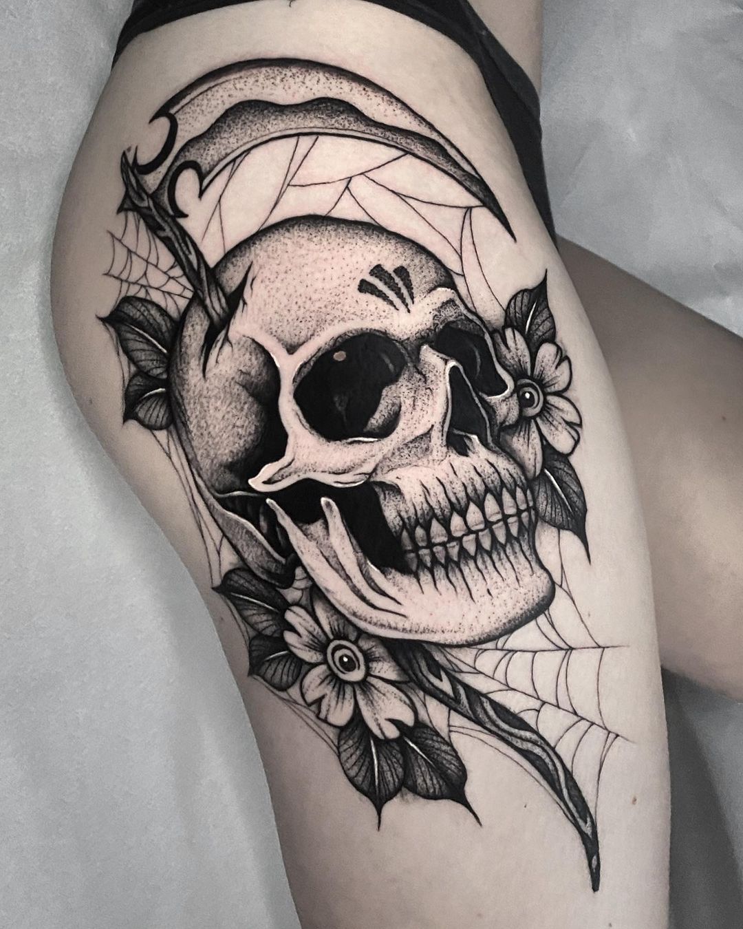 Dotwork Skull With Spider Web Tattoo
