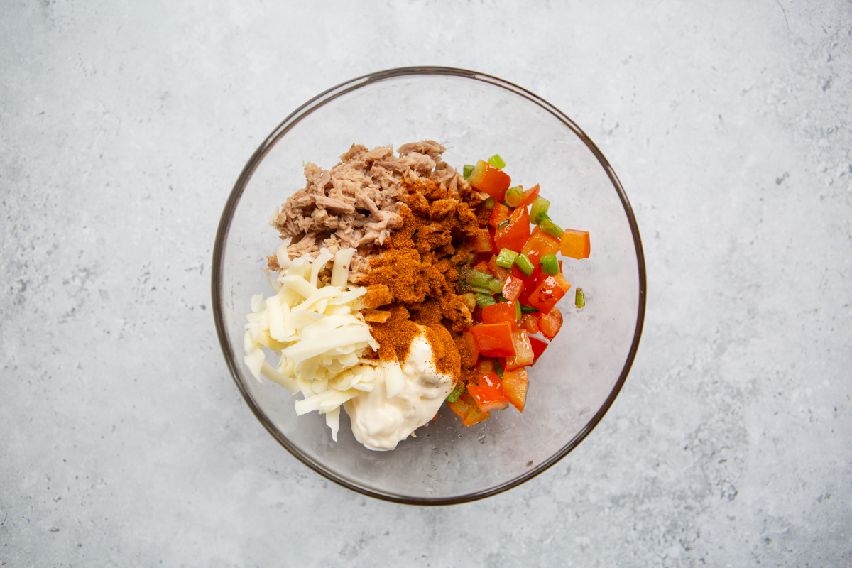 ingredients for tuna omelette mixed in a bowl