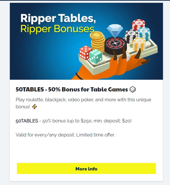 Ripper Table Games Deposit Bonus Code
