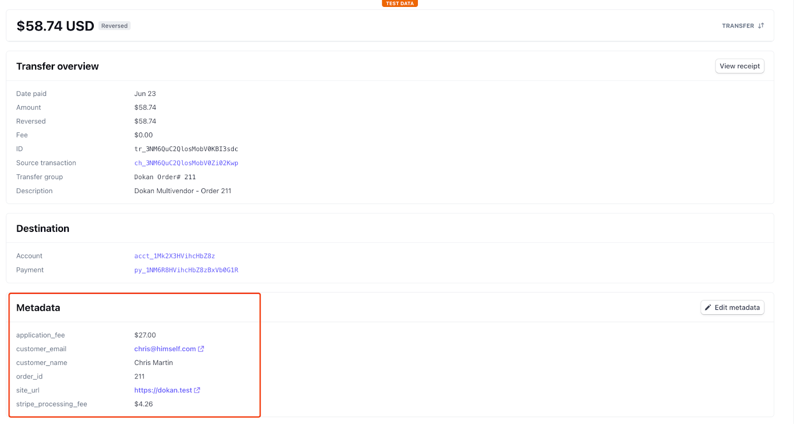 A screenshot of the Dokan Stripe Module transcations metadata