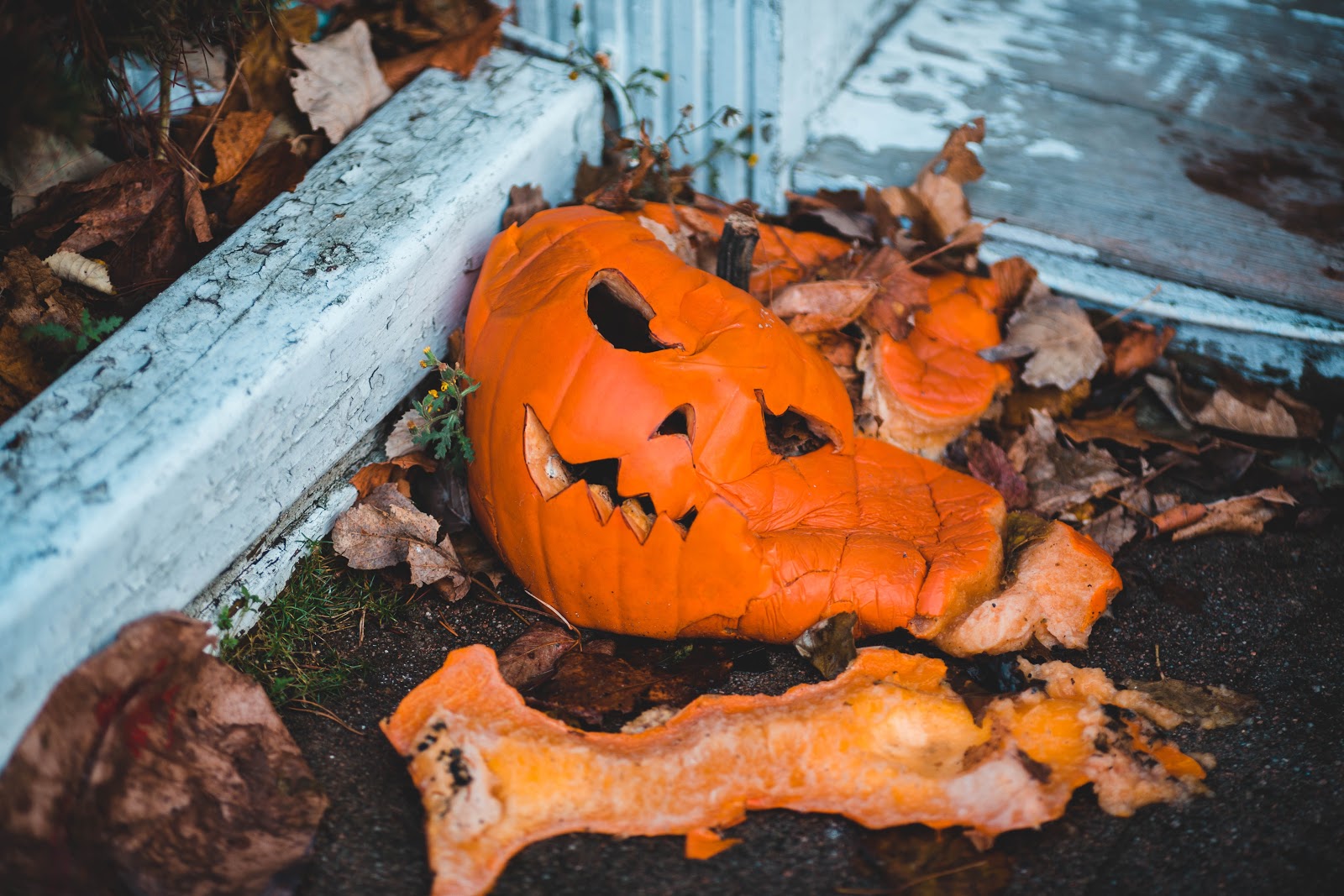 a smashed Halloween jack-o-lantern