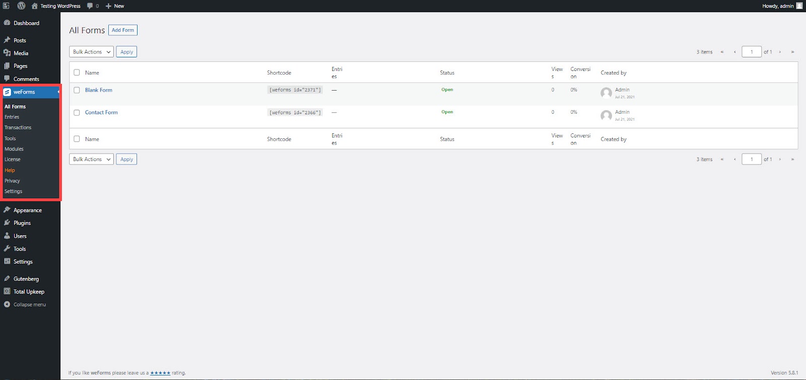 weForms Menu