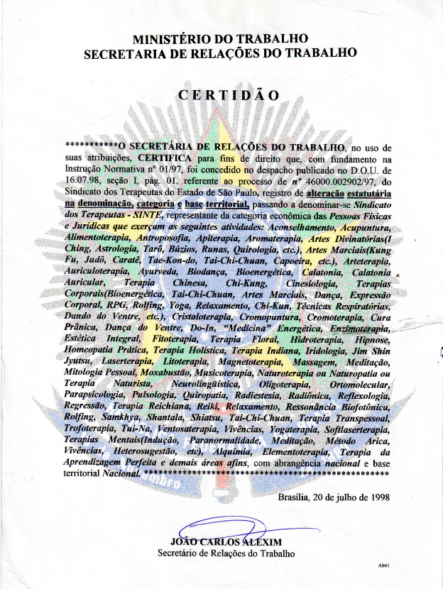 Certidão Ministerial de reconhecimento do SINTE - Sindicato dos Terapeutas