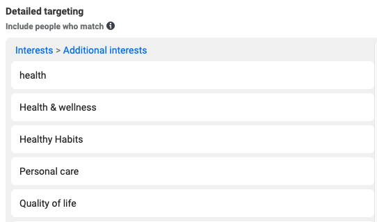Detailed targeting for people interested in health in general.