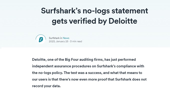 Surfshark verified No-Log statement by Deloitte audit