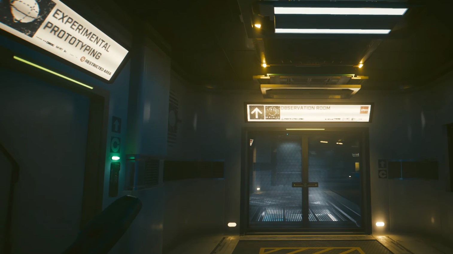 The hallway with the Experimental Prototyping room and Observation Room in Cyberpunk 2077: Phantom Liberty.
