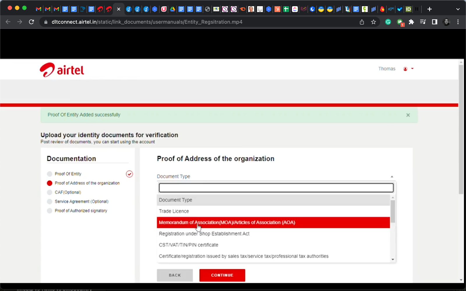 required documents uploaded during an enterprise Airtel DLT registration | SMScountry