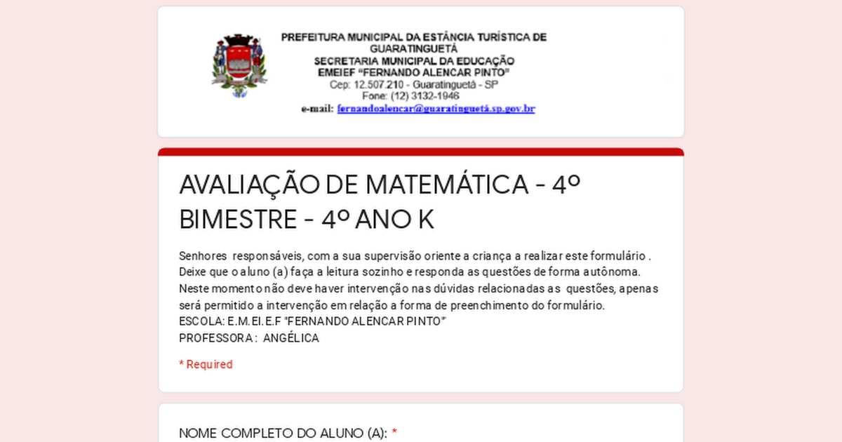 AVALIAÇÃO DE MATEMÁTICA 4º ANO - 4º BIMESTRE - ENSINO FUNDAMENTAL