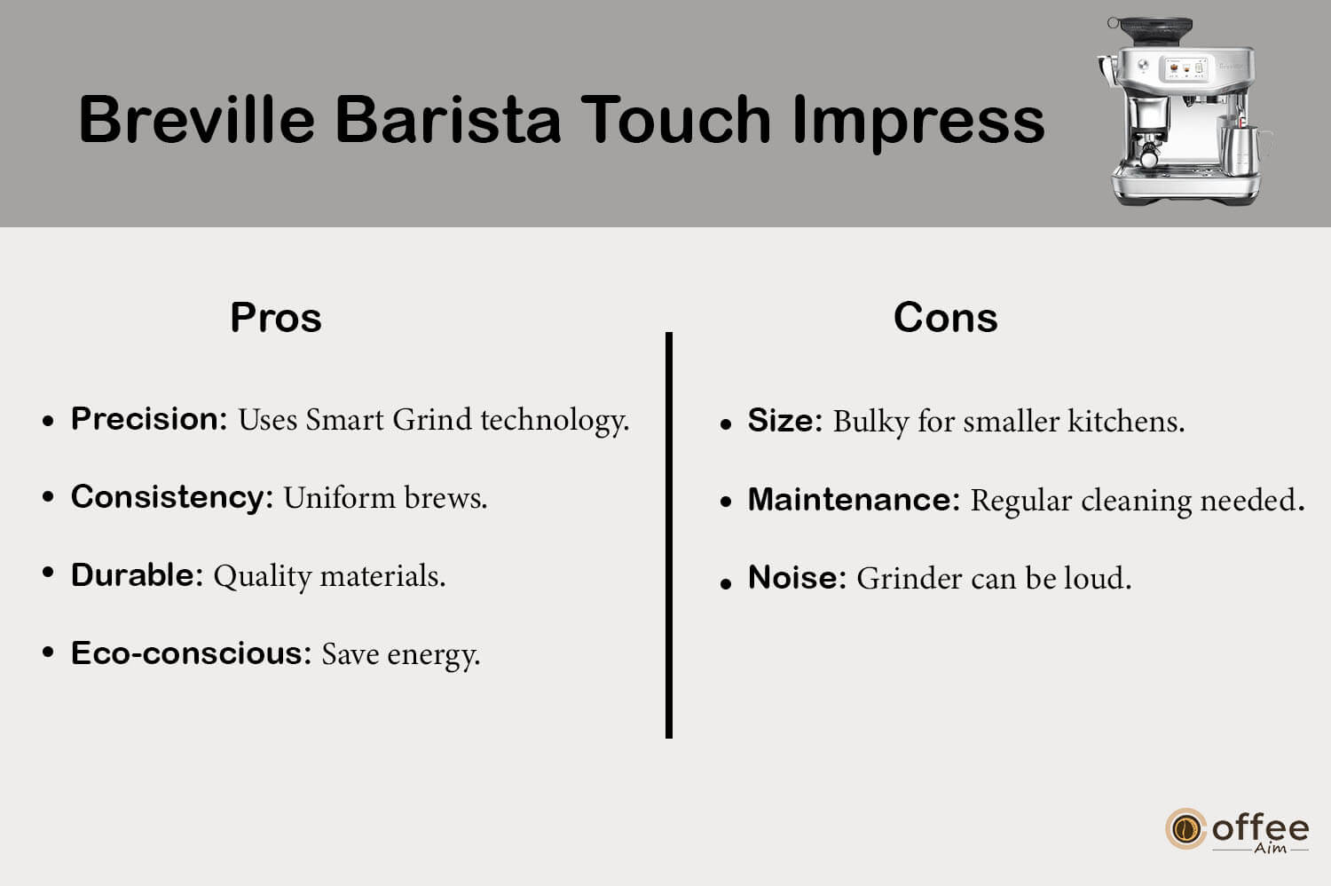 "This image provides a detailed breakdown of the advantages and drawbacks of the 'Breville Barista Touch Impress' as featured in our 'Breville Barista Touch Impress Review' article."