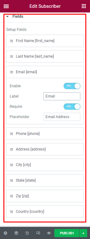 Subscriber field settings tab