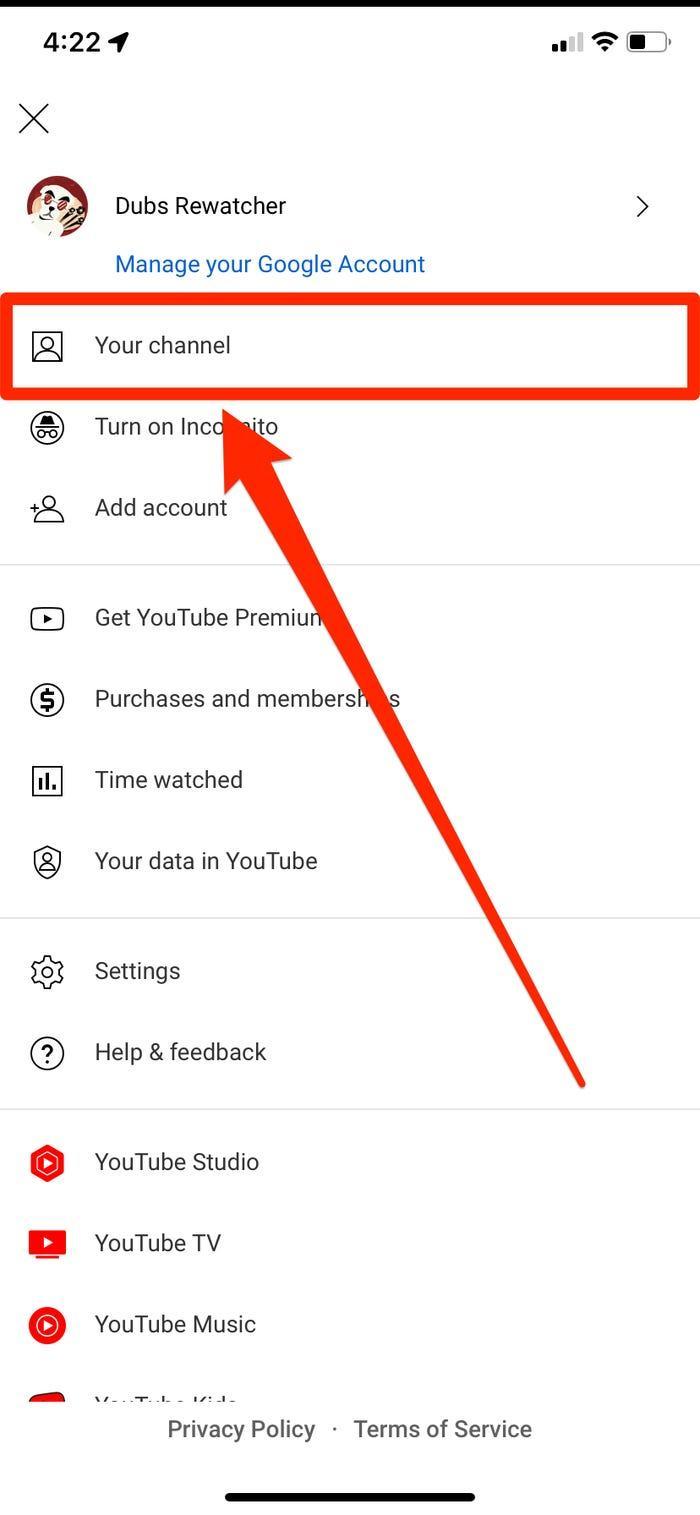 The options menu in the YouTube mobile app, with the "Your channel" option highlighted.