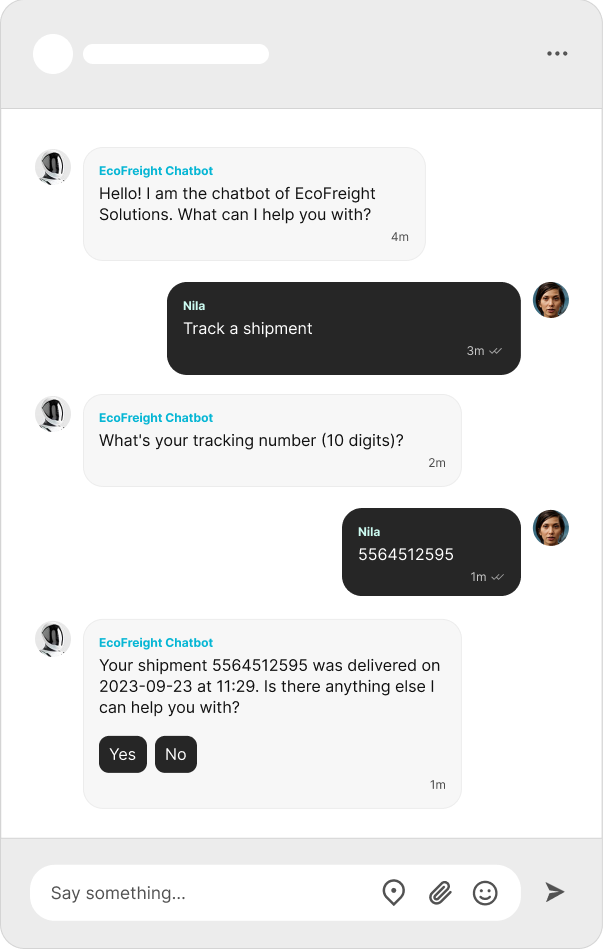 A TalkJS conversation with an AI chatbot. The chatbot asks what they can help with, the customer says they want to track a shipment and provides their tracking number. The chatbot confirms the date and time at which the shipment has been delivered.