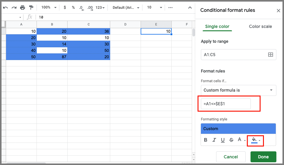 Does not equal google sheets and conditional formatting example