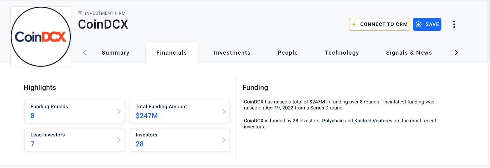 CoinDCX financials. Source: Crunchbase