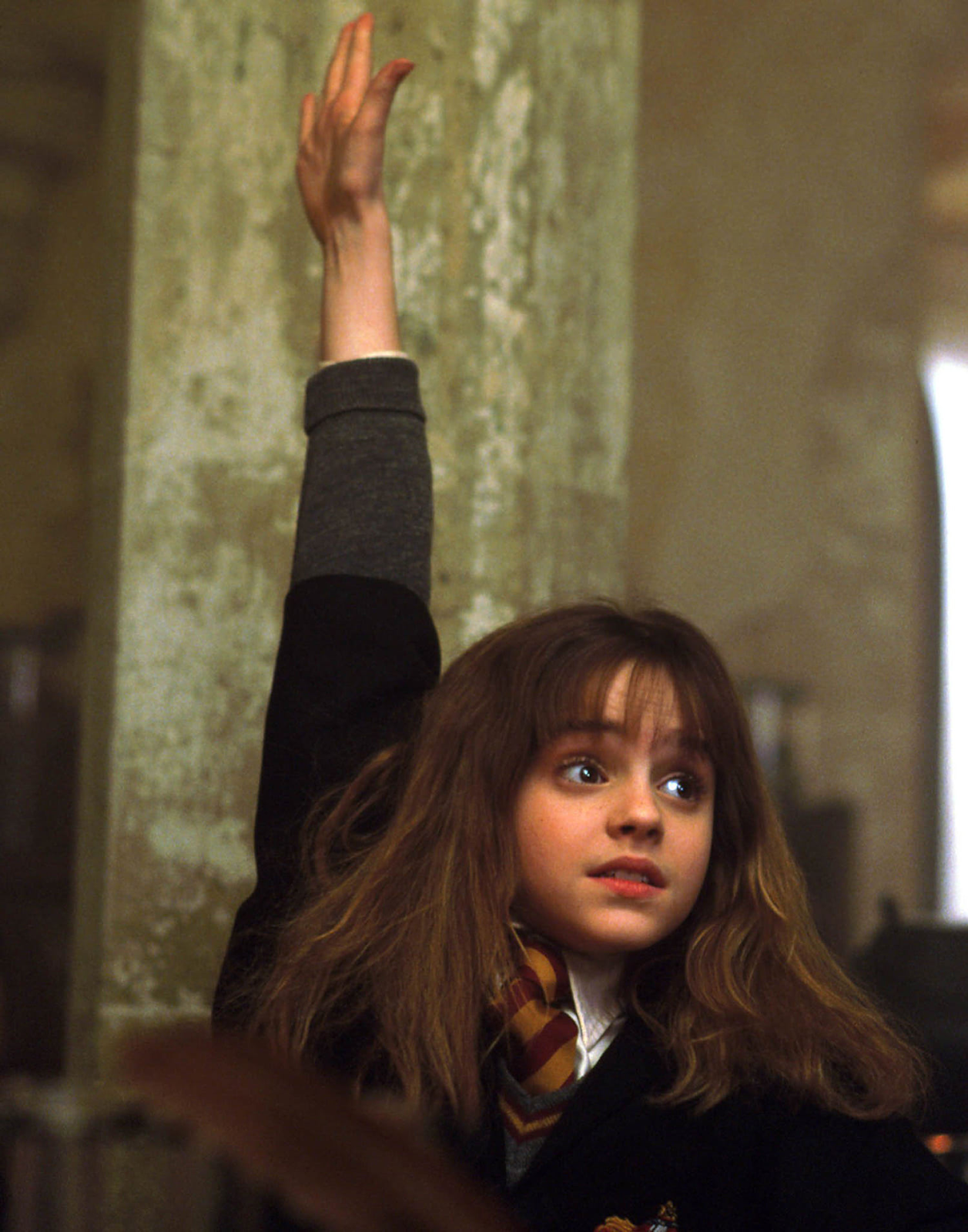 Hermione raises her hand. 