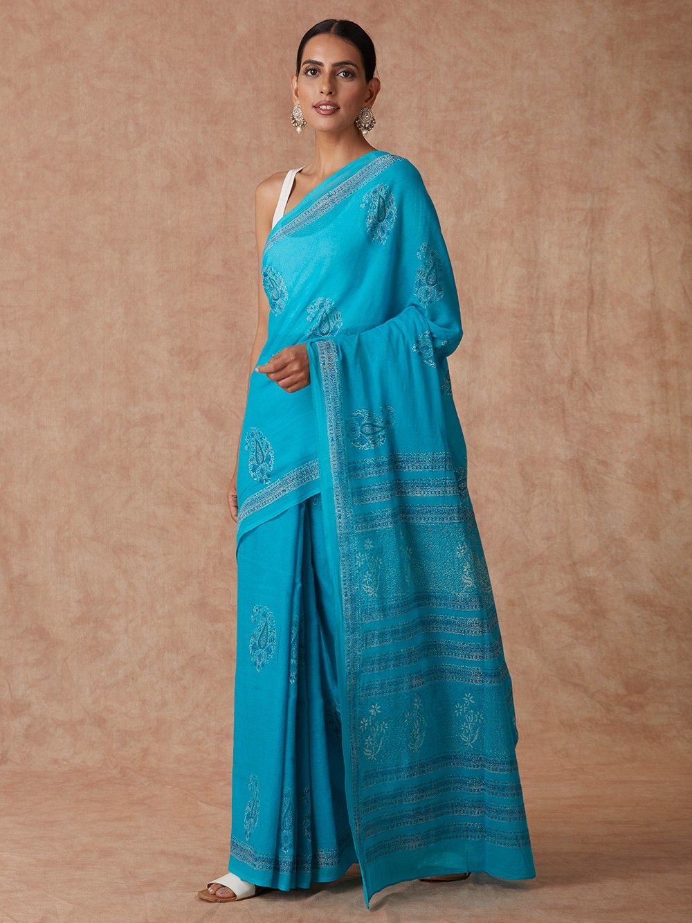 the loom - Blue hand block cotton saree