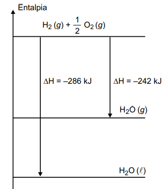 Imagem mostrando um diagrama de entalpia da formação de água em dois estados físicos diferentes.

H2 (g) + 1/2O2 --> H2O (g) 
entalpia = -242 kJ 

H2 (g) + 1/2O2 --> H2O (l) 
entalpia = -286 kJ 