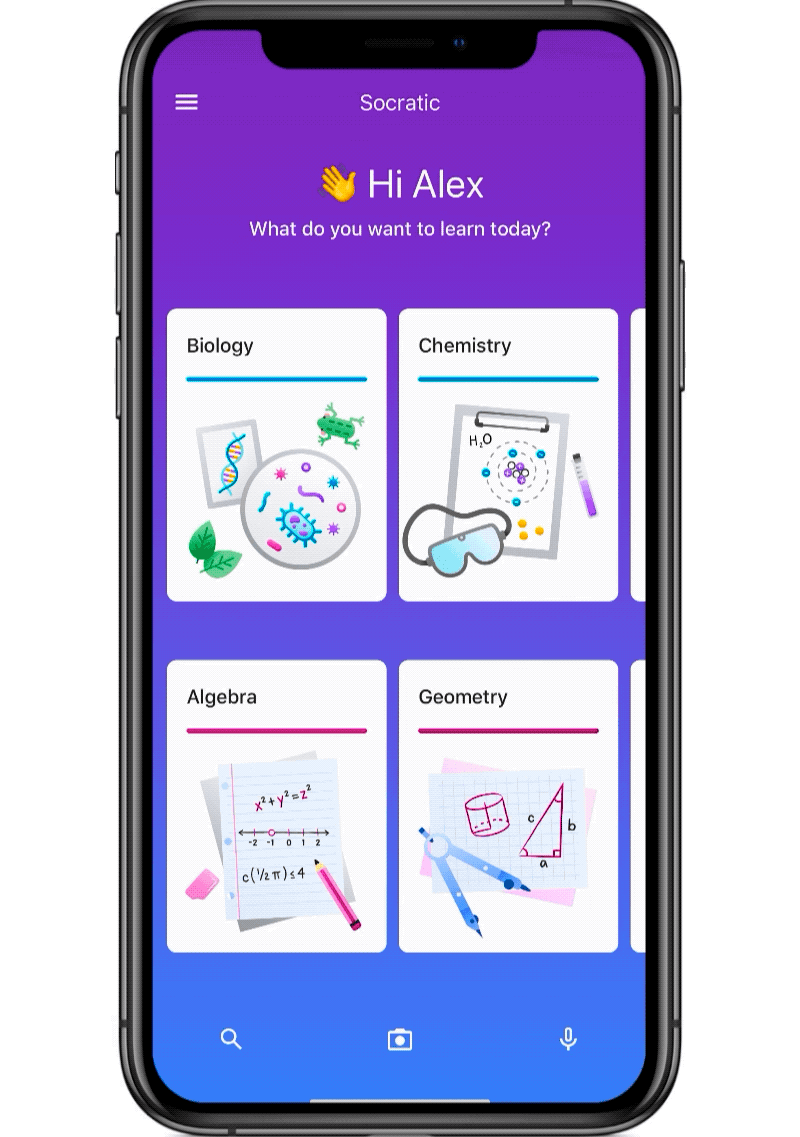 Front screen of the app Socratic reads "Hi Alex, what do you want to learn today?" There are 4 boxes underneath for various school subjects