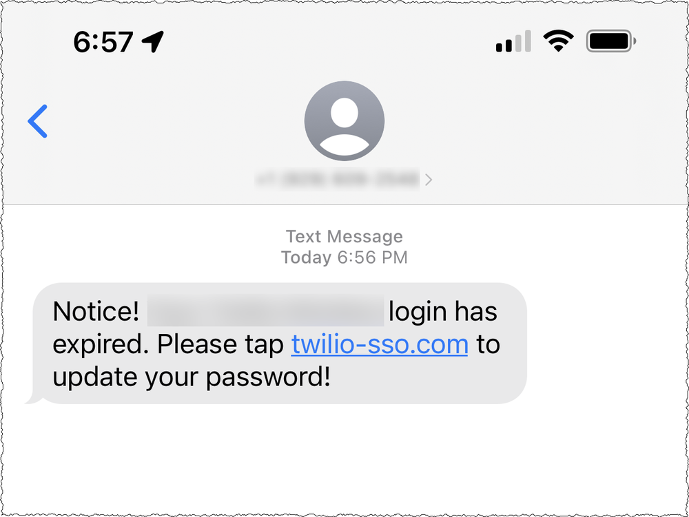 Screenshot of fraudulent SMS message to Twilio employee, impersonating Twilio’s IT department