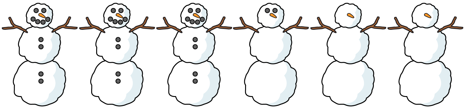 Six snow people. Each of the six has a carrot nose and 2 sticks for arms. Three have 2 buttons for eyes, 4 buttons for a mouth, and 4 buttons for clothes. One more has two buttons for eyes, but no other buttons. Two have no buttons at all.