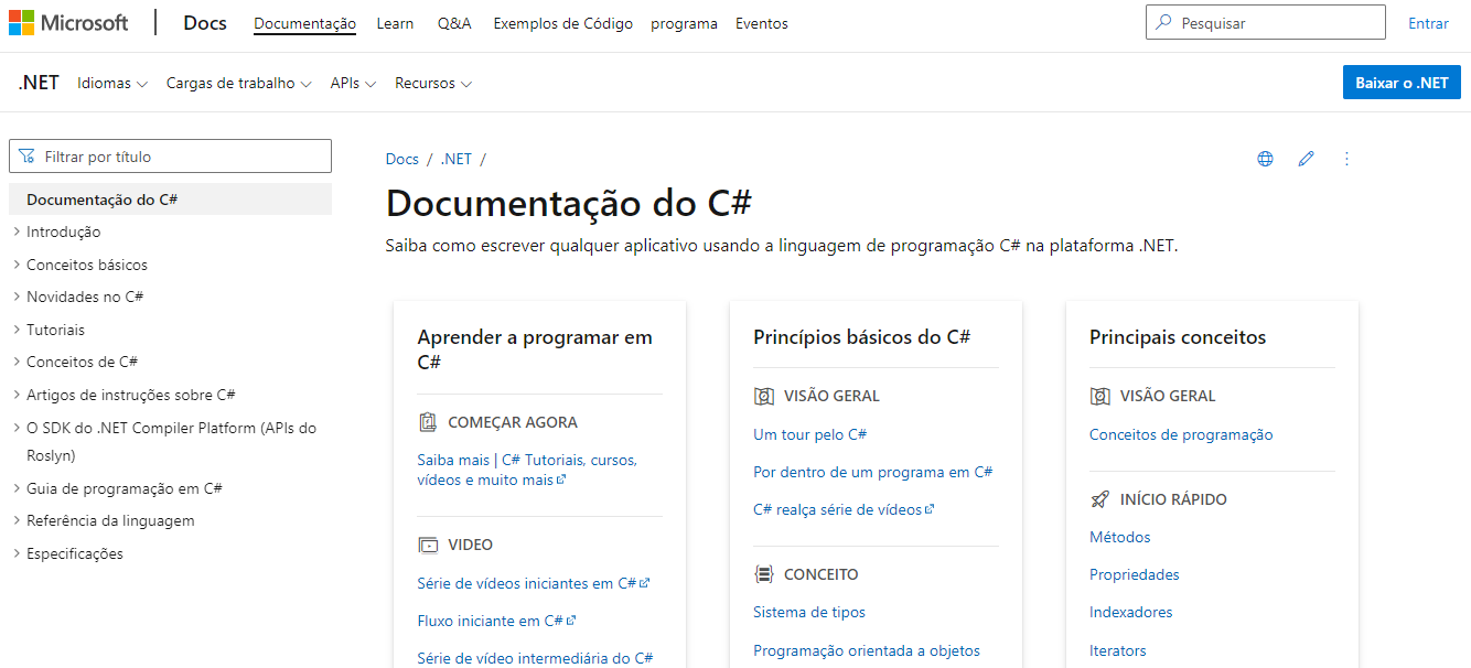 Página de documentação da Microsoft referente à linguagem de programação C#