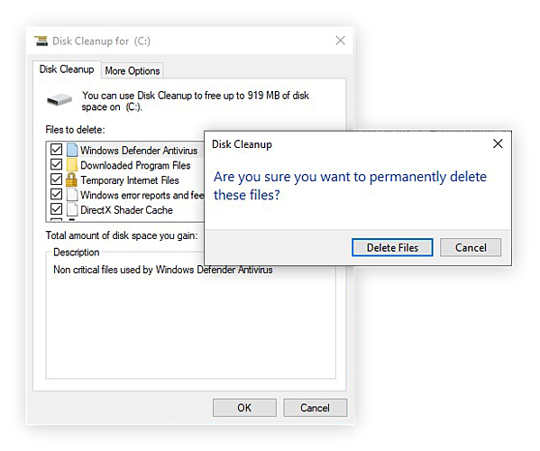 Deleting files with the Disk Cleanup tool in Windows 10 Safe Mode.