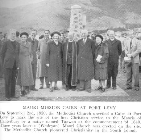 Maori Mission Cairn At Port Levy On September 2nd, 1950, the Methodist Church unveiled a Cairn at Port Levy to mark the site of the first Christian service to the Maoris of Canterbury by a native named Taawao at the commencement of 1840. Three years later a (Wesleyan) Maori Church was erected on the site. The Methodist Church pioneered Christianity in the South Island.
