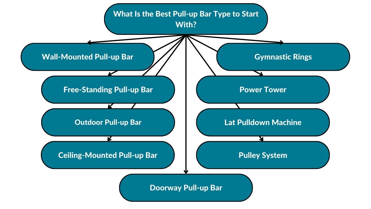 The image showcases different types of pull-up bars to start with. These include wall-mounted pull-up bars, free-standing pull-up bars, outdoor pull-up bars, ceiling-mounted pull-up bars, doorway pull-up bars, pulley systems, lat pulldown machines, power towers, and gymnastic rings.