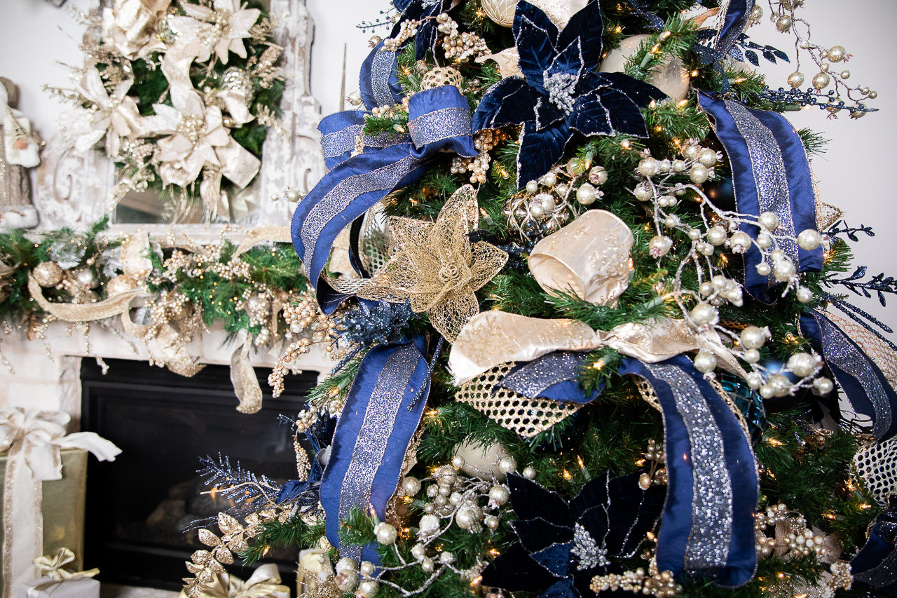 close up navy, gold, and silver Christmas tree