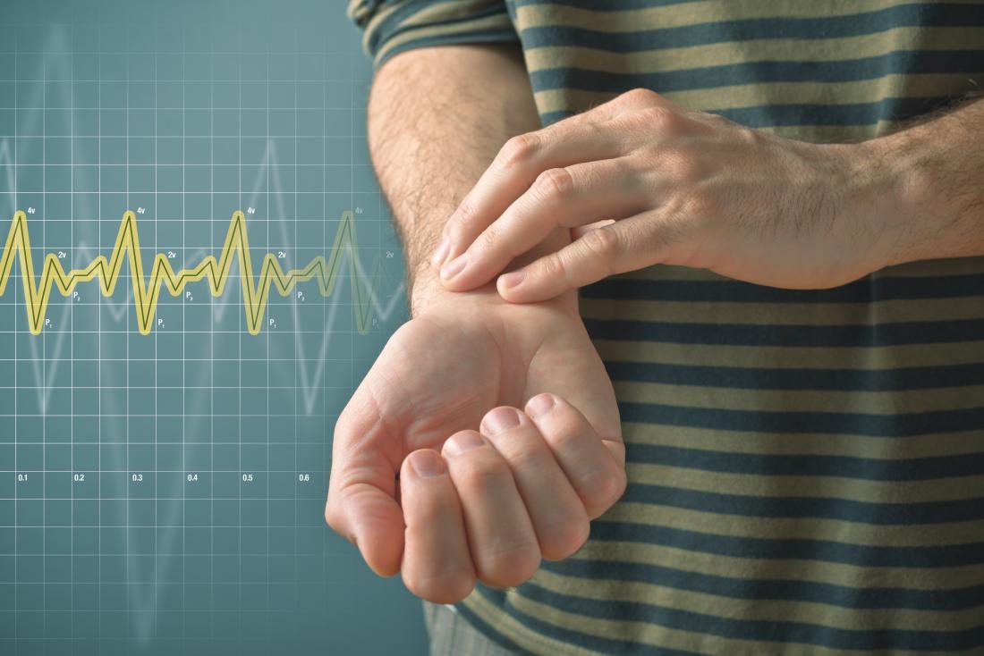 Person lowering their heart rate with fingers on wrist to measure pulse.