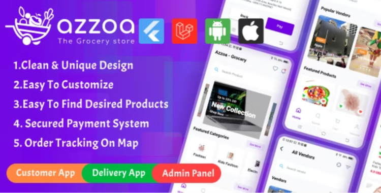 Azzoa - Grocery, MultiShop, eCommerce Flutter Mobile App with Admin Panel