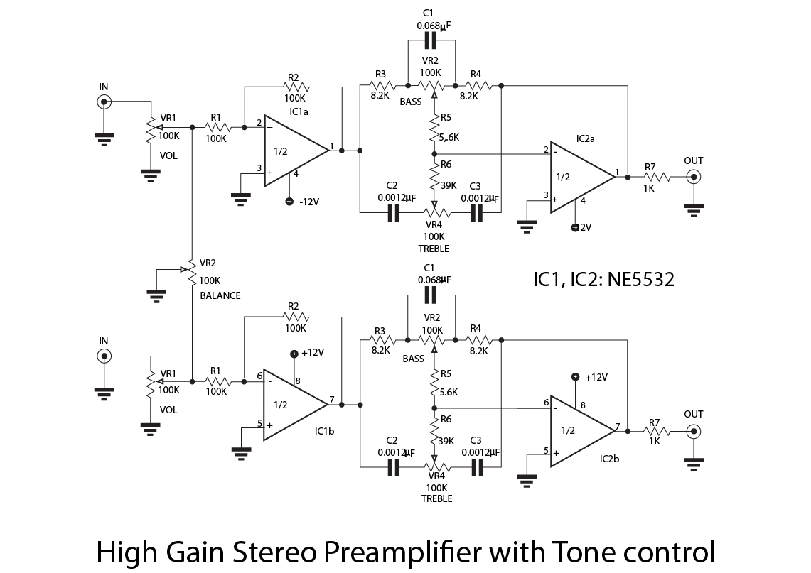 NE5532 Preamp Circuit--A super stereo preamp tone control circuit showing the NE5532 IC connections